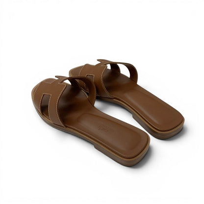 Hermes Oran Sandals Shoes Leather Brown Flat Mules — view 4
