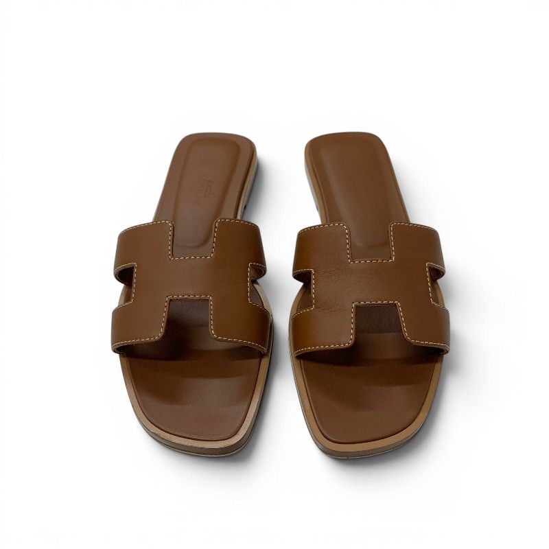 Hermes Oran Sandals Shoes Leather Brown Flat Mules — view 2