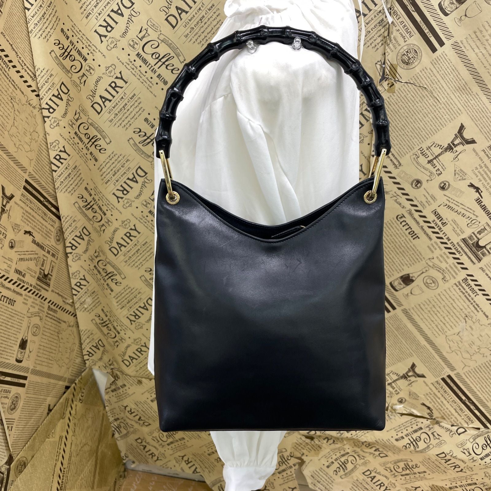 Gucci Handbag Shoulder Bamboo Leather Black Business