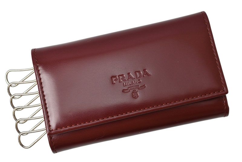 Prada Key Case Key Holder 6 Rows Leather Bordeaux Wine Red Log