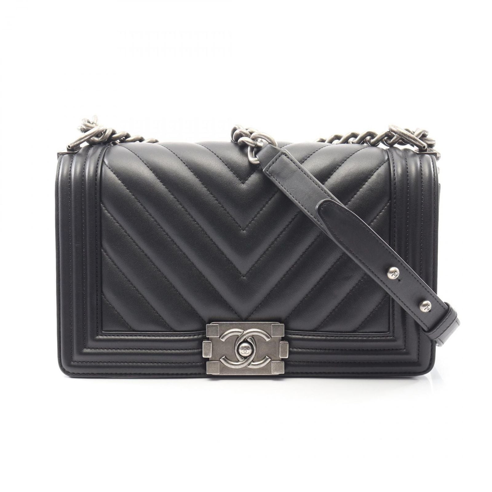 Chanel Shoulder Bag Small Blanc Stitch Black Lambskin Chain