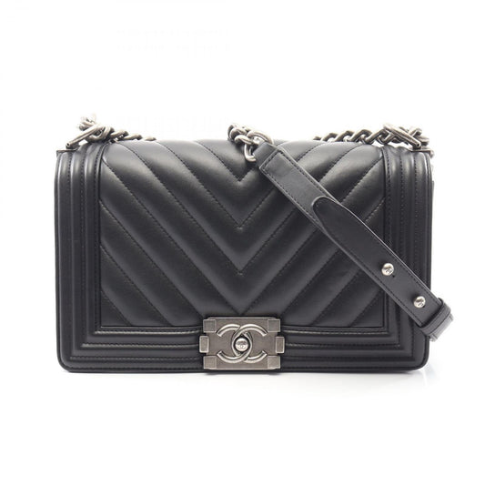 Chanel Shoulder Bag Small Blanc Stitch Black Lambskin Chain
