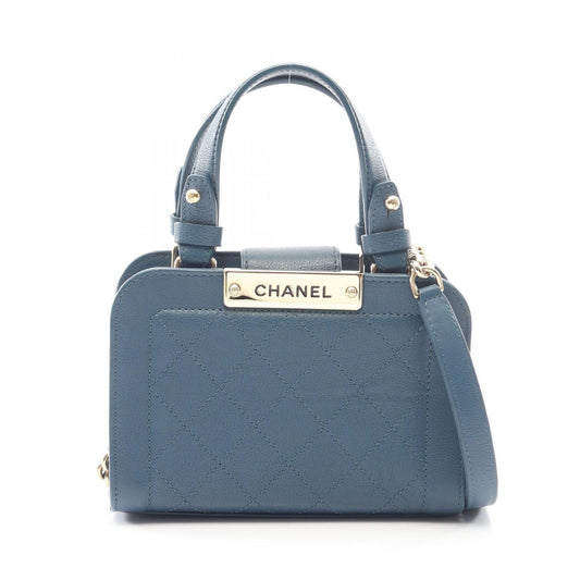 Chanel Shoulder Bag Quilted 2-Way Blue Leather Logo Plate Chain