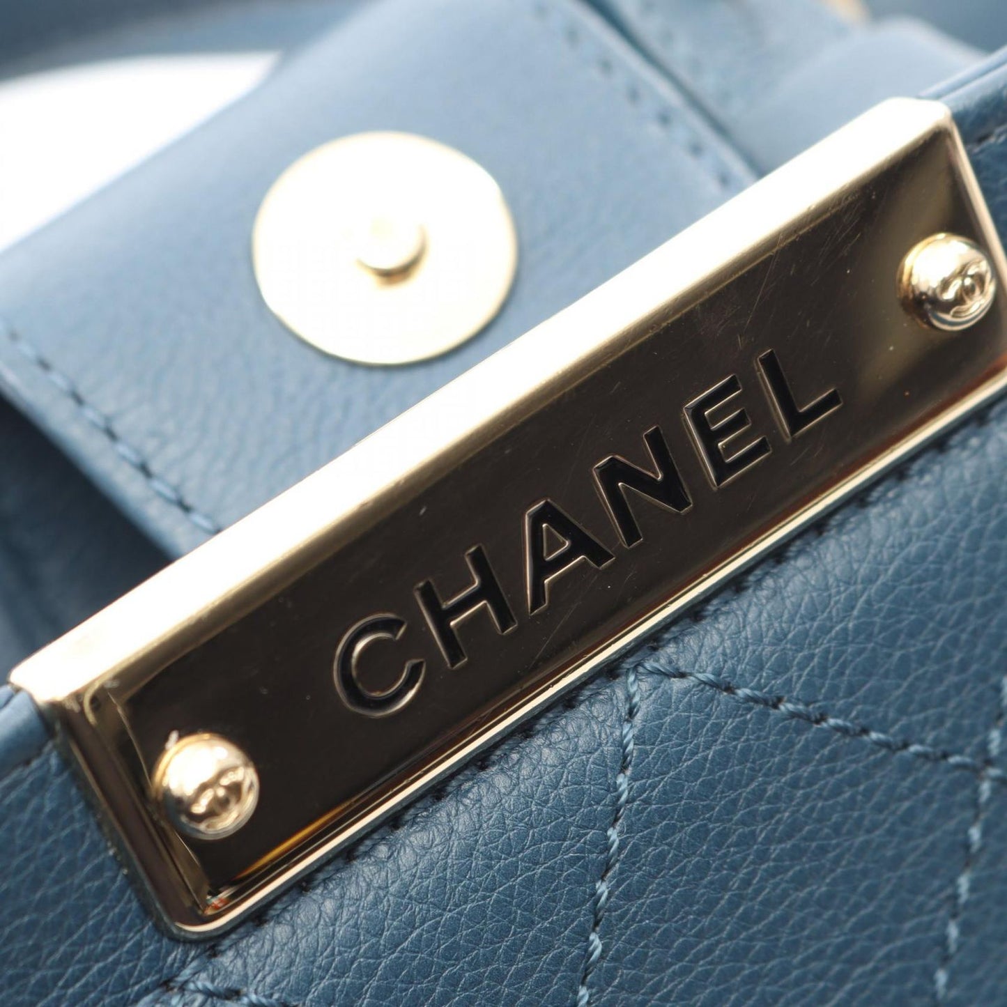 Chanel Shoulder Bag Quilted 2-Way Blue Leather Logo Plate Chain — view 6