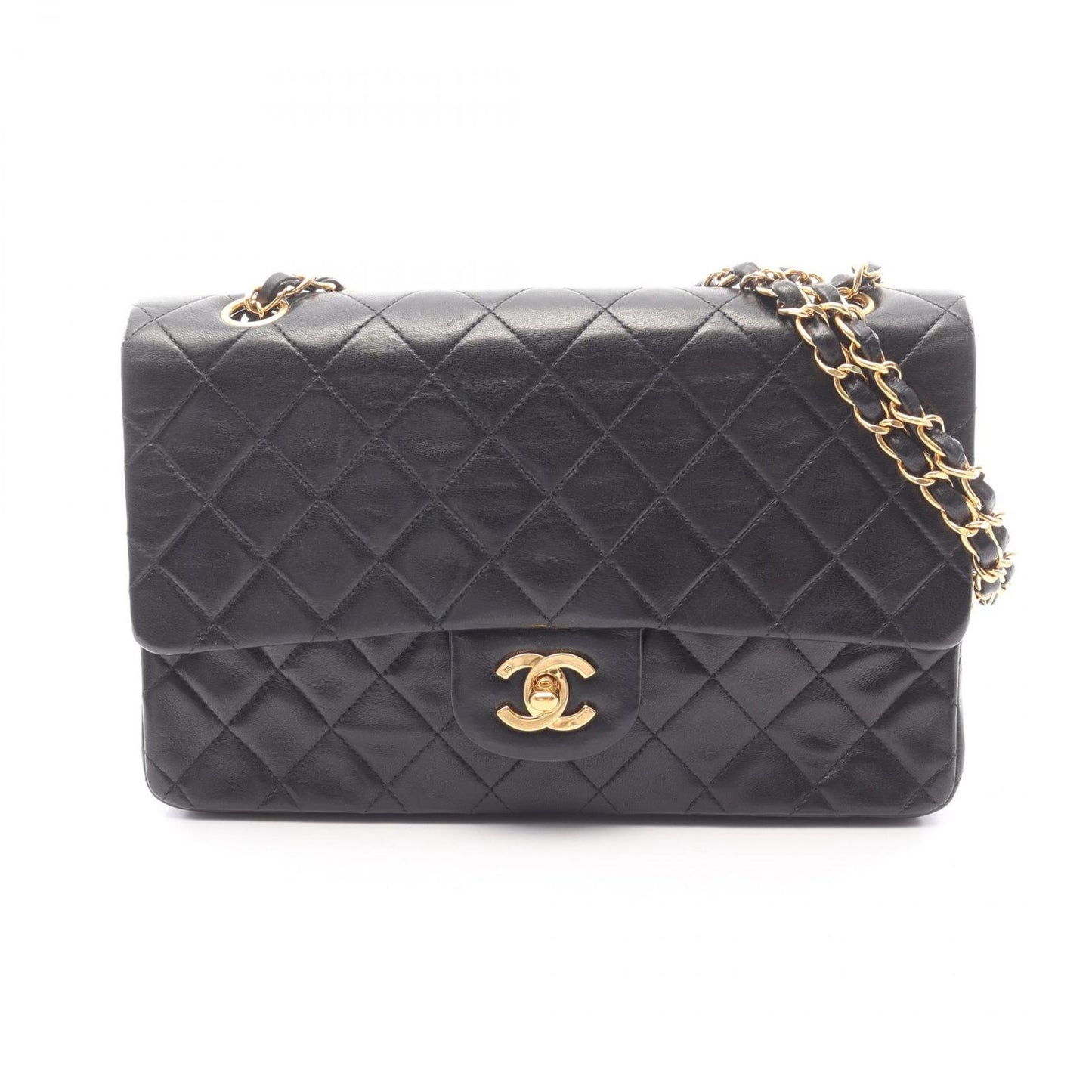 Chanel Shoulder Bag Quilted Double Flap Black Lambskin Chain