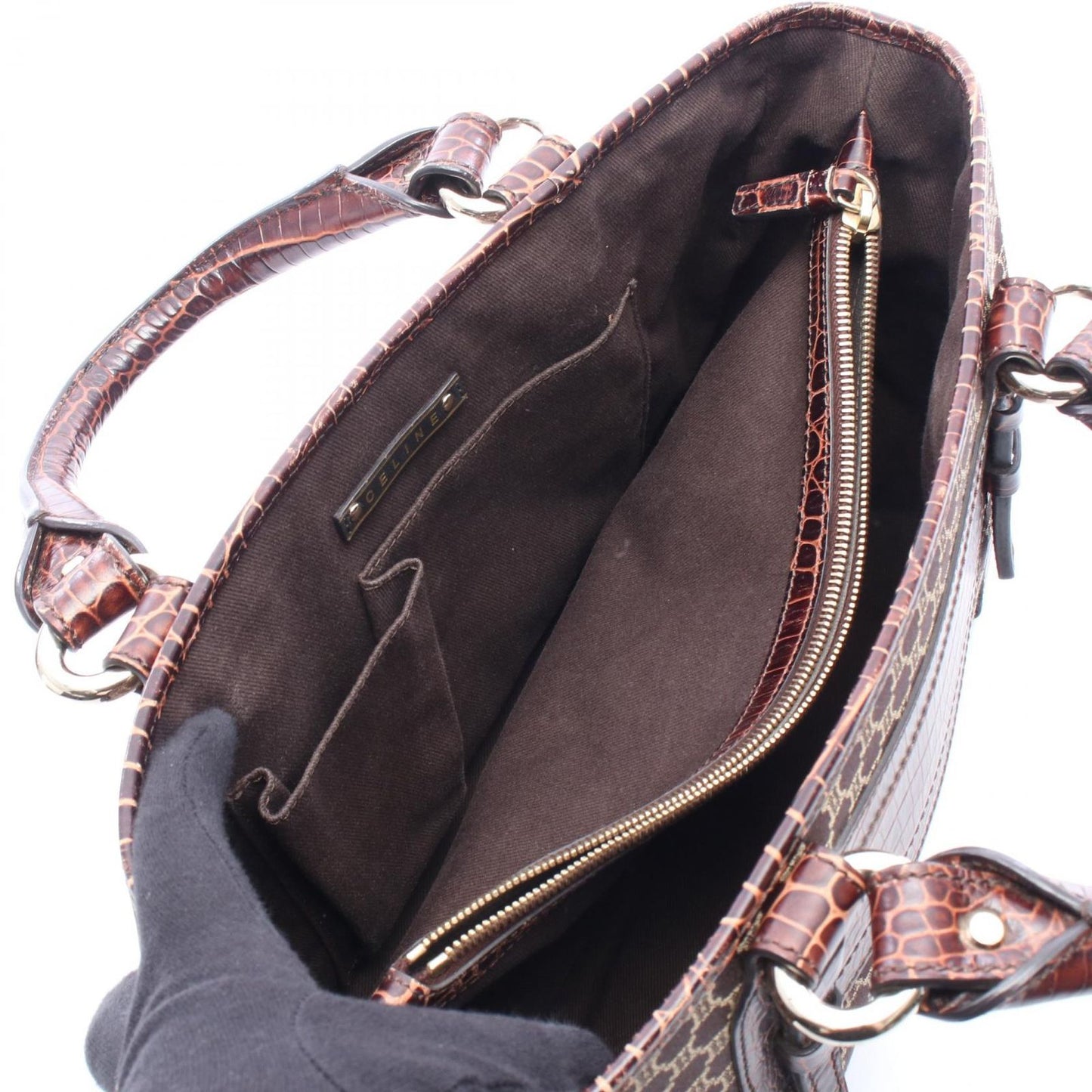 Celine Handbag Boogie Bag Macadam Croco Embossed Dark Brown Canvas Leather — view 3