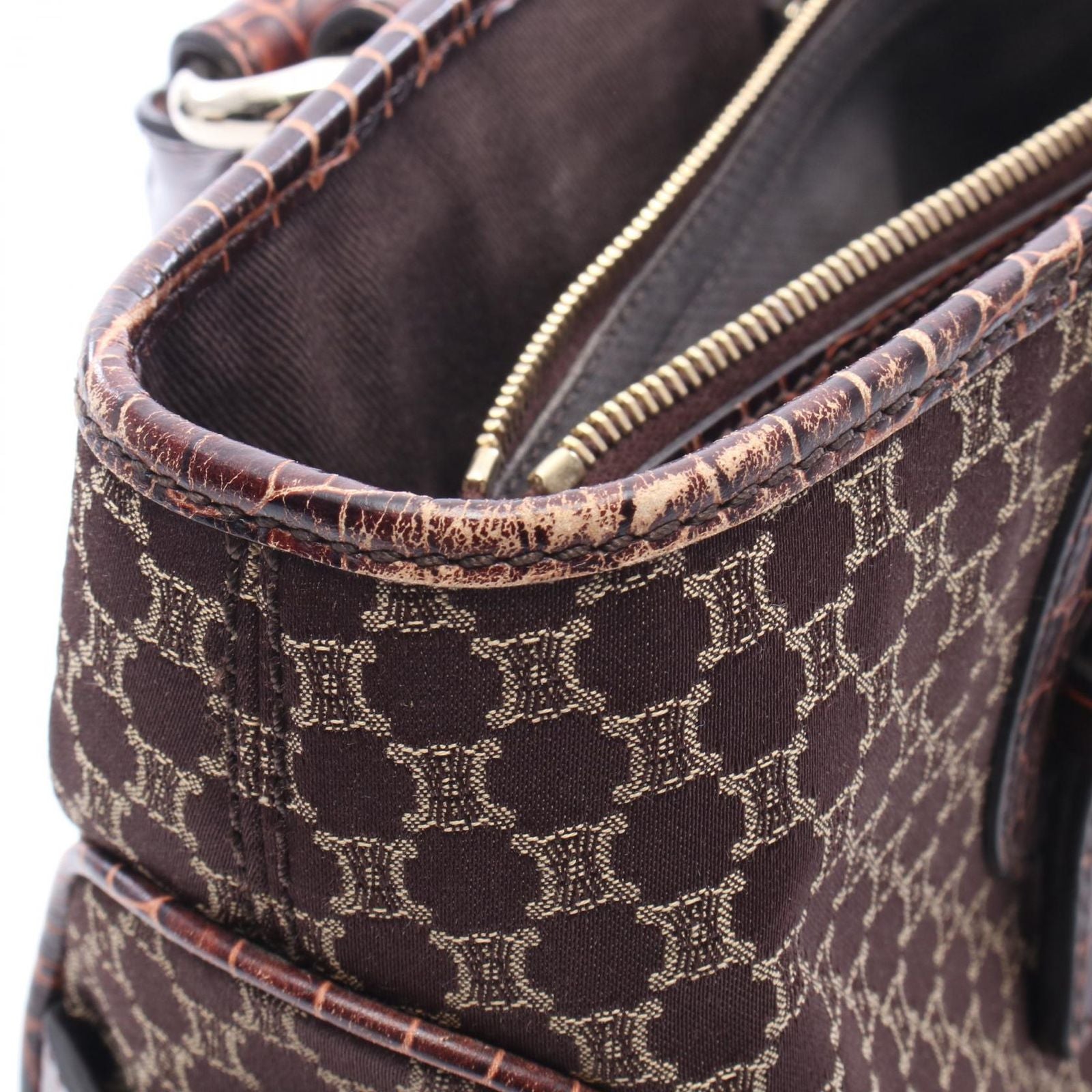 Celine Handbag Boogie Bag Macadam Croco Embossed Dark Brown Canvas Leather — view 6