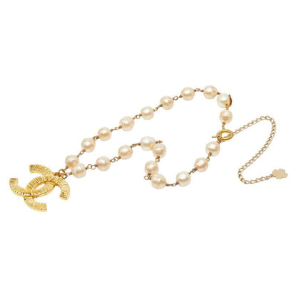 Chanel CC Logo Pendant Necklace Gold Plated Faux Pearl — view 4