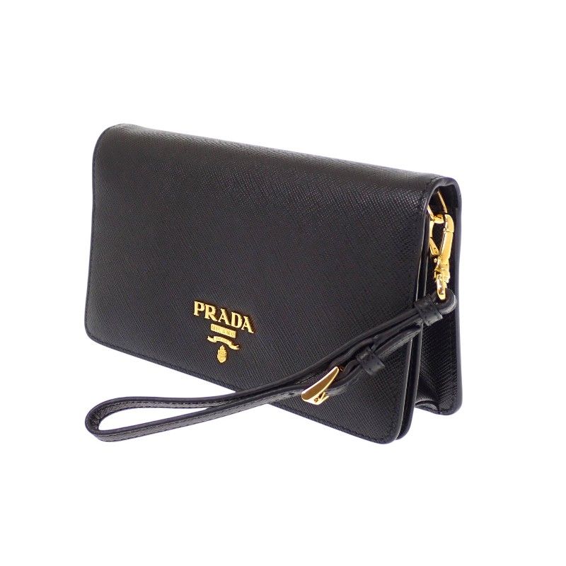 Prada Leather Chain Wallet Saffiano Black Gold 2-Way — view 3