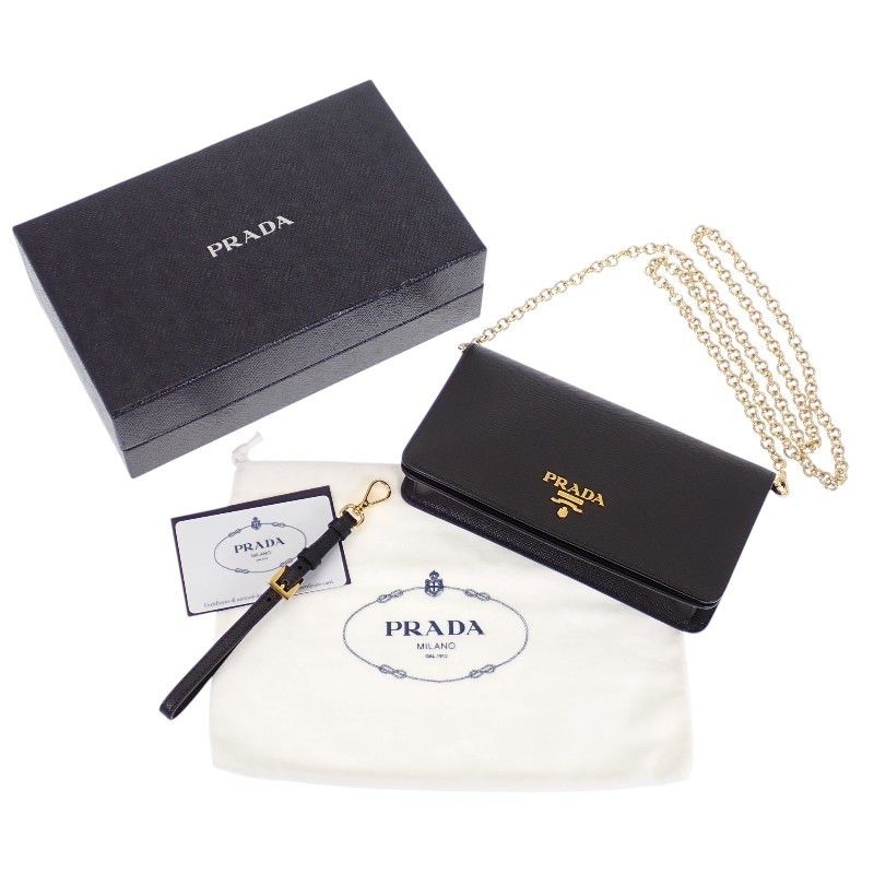 Prada Leather Chain Wallet Saffiano Black Gold 2-Way