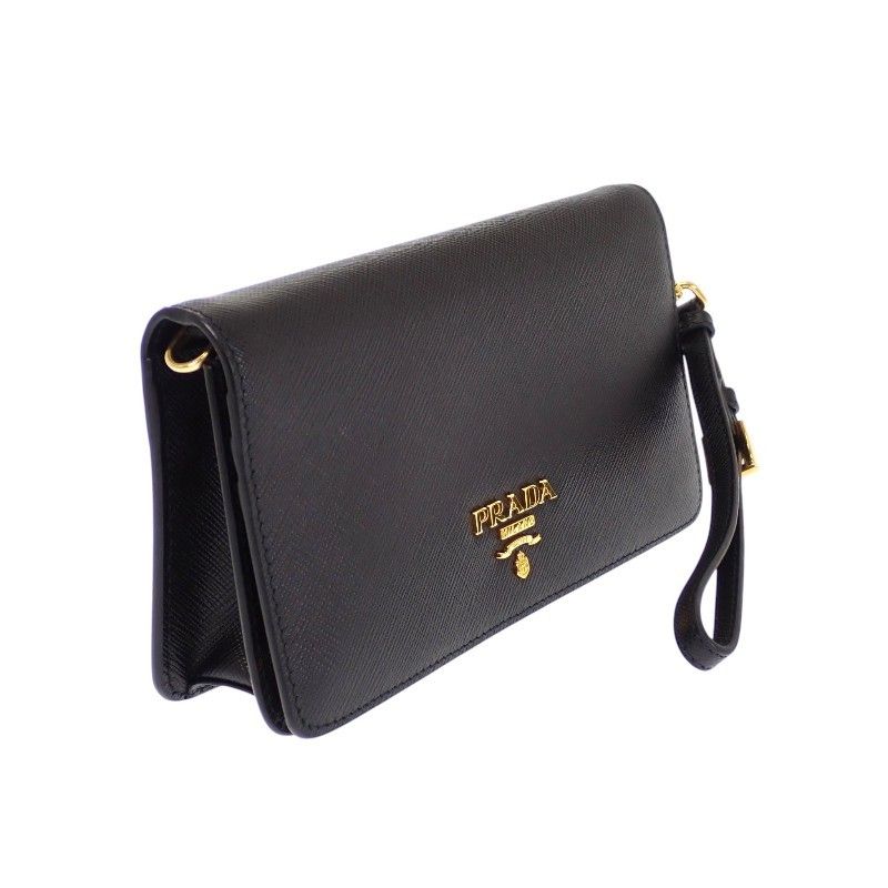 Prada Leather Chain Wallet Saffiano Black Gold 2-Way — view 4