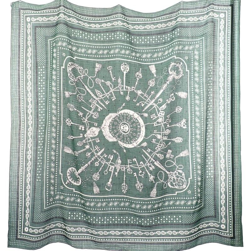 Hermes Carre Geant les Bandana Large Shawl Scarf Cashmere Silk Green