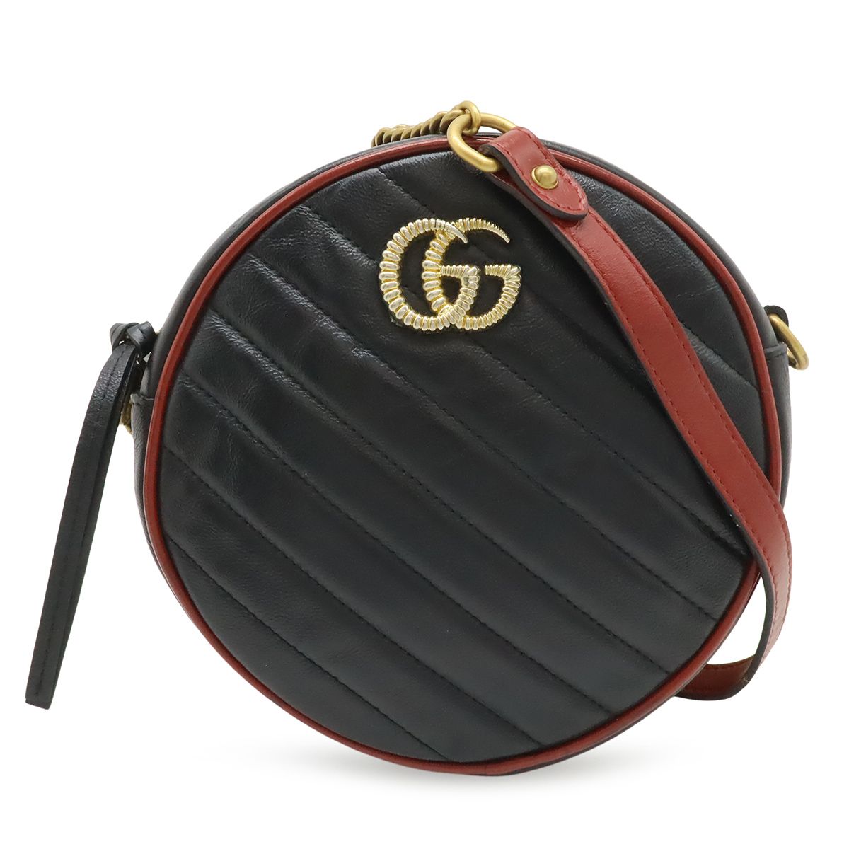 Gucci GG Marmont Round Mini Shoulder Bag Chain Quilted Leather Black Red Gold