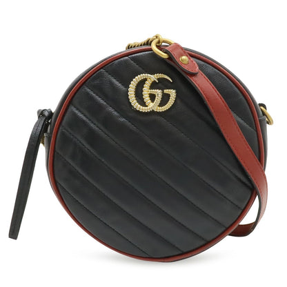 Gucci GG Marmont Round Mini Shoulder Bag Chain Quilted Leather Black Red Gold