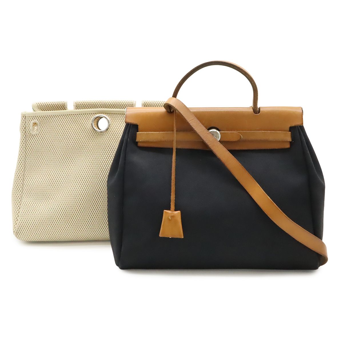 Hermes Herbag PM 2-Way Shoulder Bag Toile Officier GM Black Beige