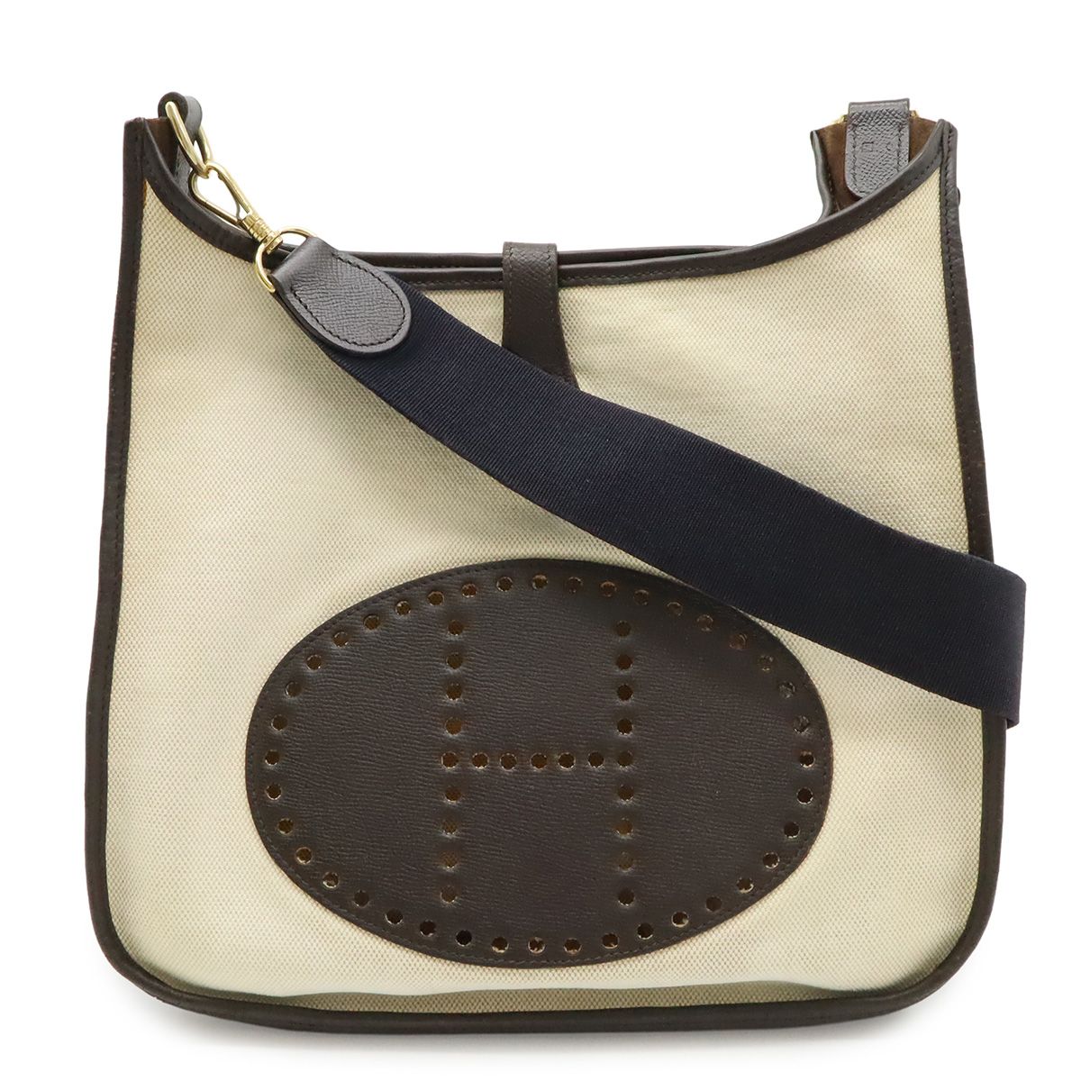 Hermes Evelyne GM I 1 Shoulder Bag Crossbody Toile Ash Leather Natural Dark