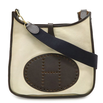 Hermes Evelyne GM I 1 Shoulder Bag Crossbody Toile Ash Leather Natural Dark