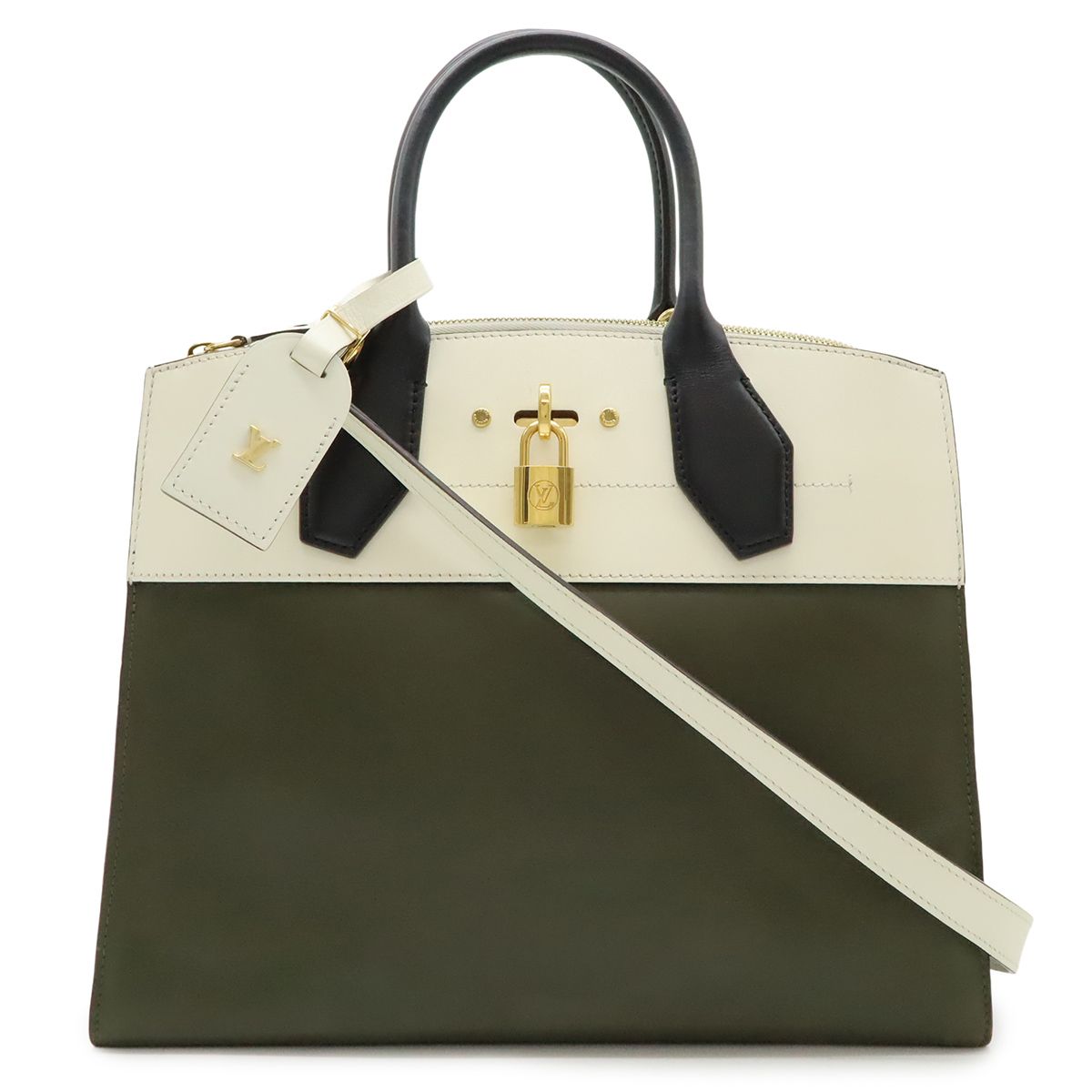 Louis Vuitton City Steamer MM 2-Way Shoulder Bag Bicolor Leather Khaki Ivory