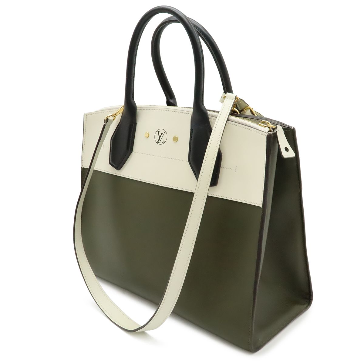 Louis Vuitton City Steamer MM 2-Way Shoulder Bag Bicolor Leather Khaki Ivory — view 2