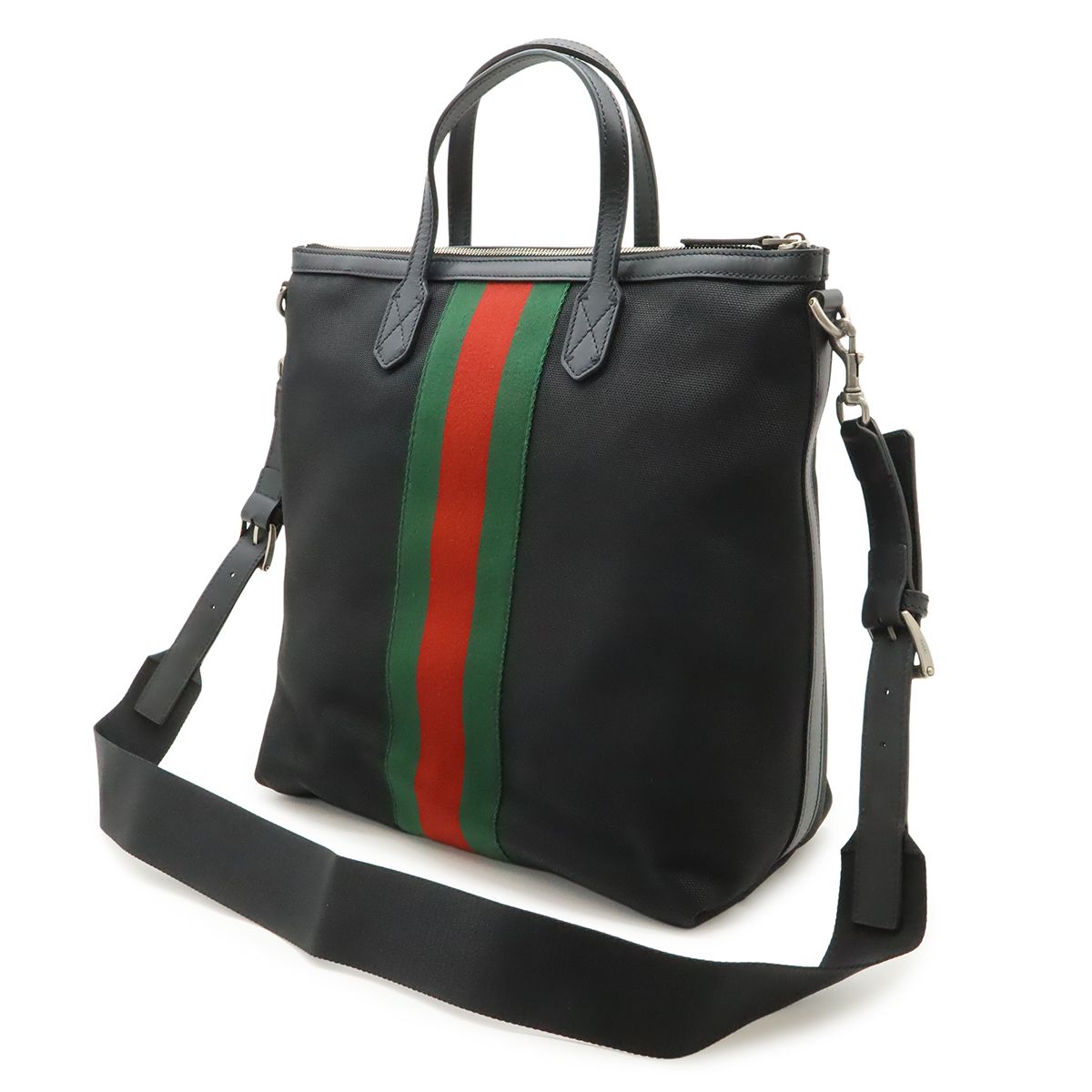 Gucci Web Stripe Sherry Line Tote 2-Way Shoulder Bag Nylon Canvas Black — view 2