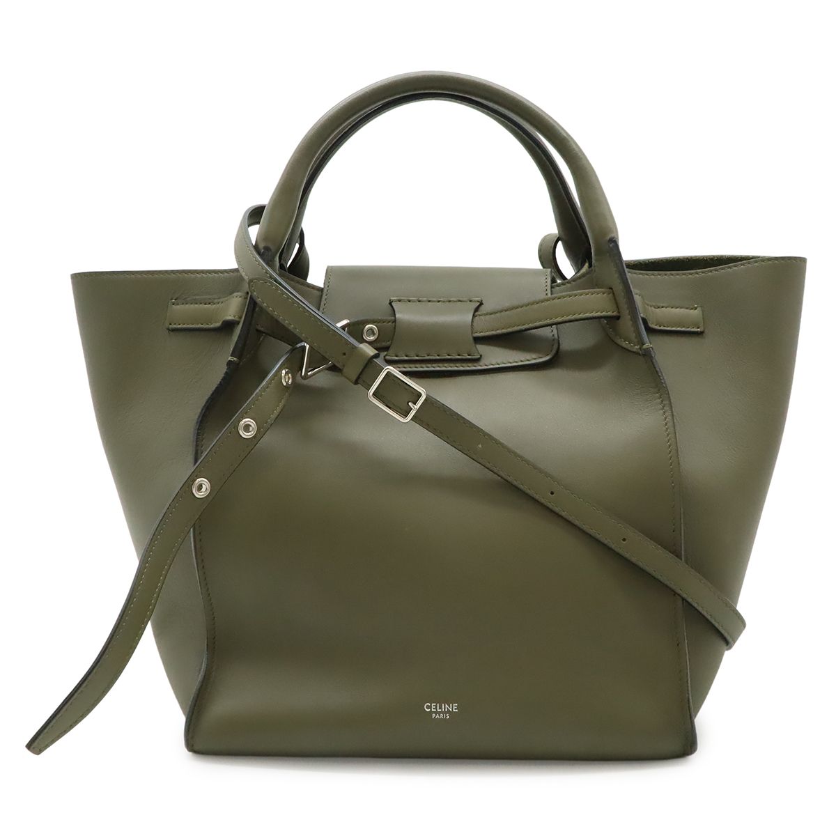 Celine Big Small 2-Way Shoulder Bag Crossbody Leather Olive Green Silver