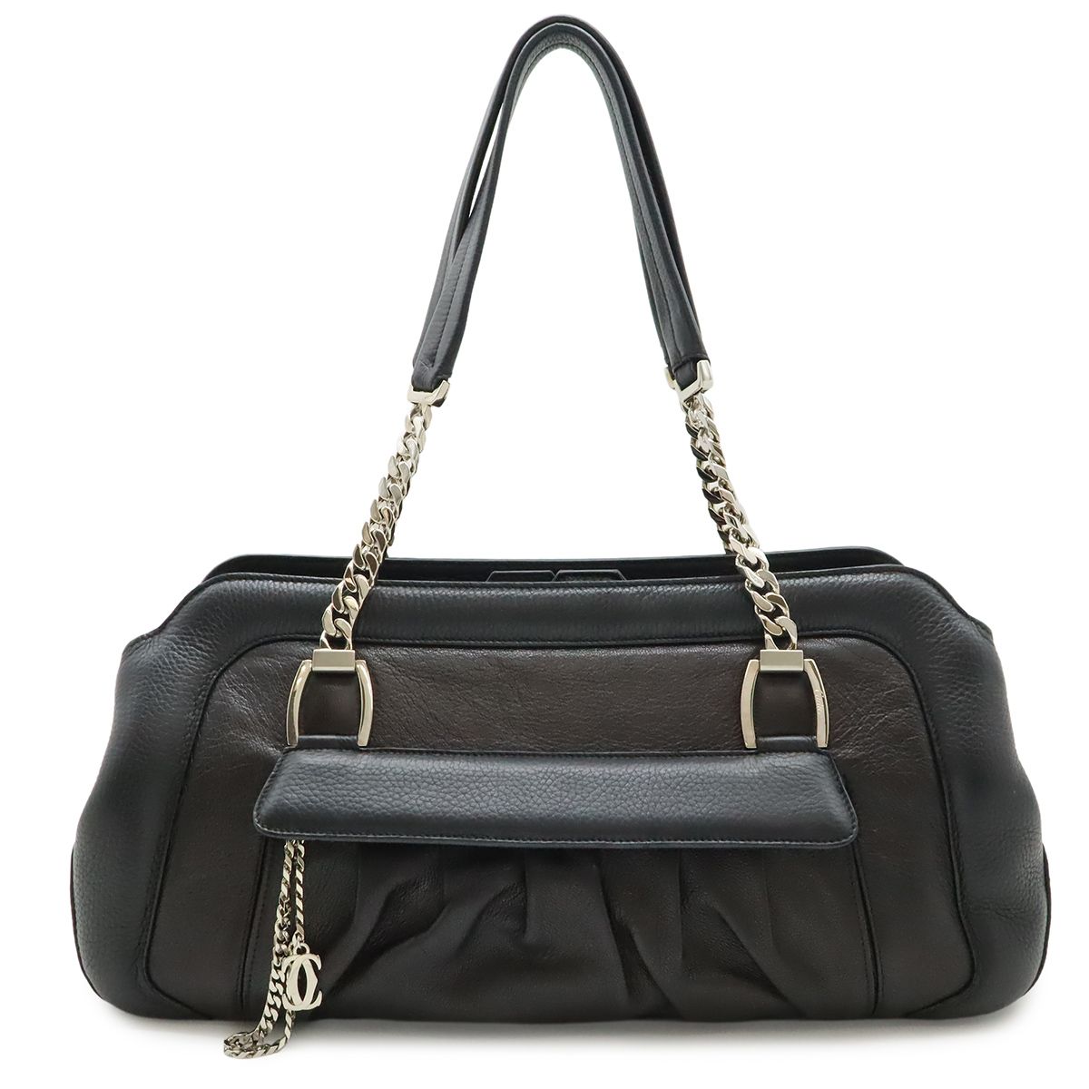 Cartier Ladonya Chain Shoulder Bag Bicolor Leather Black Dark Brown Silver