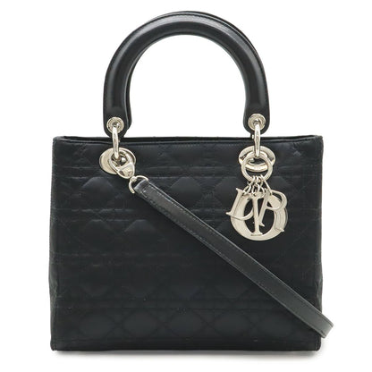 Dior Cannage 2-Way Shoulder Bag Satin Leather Black