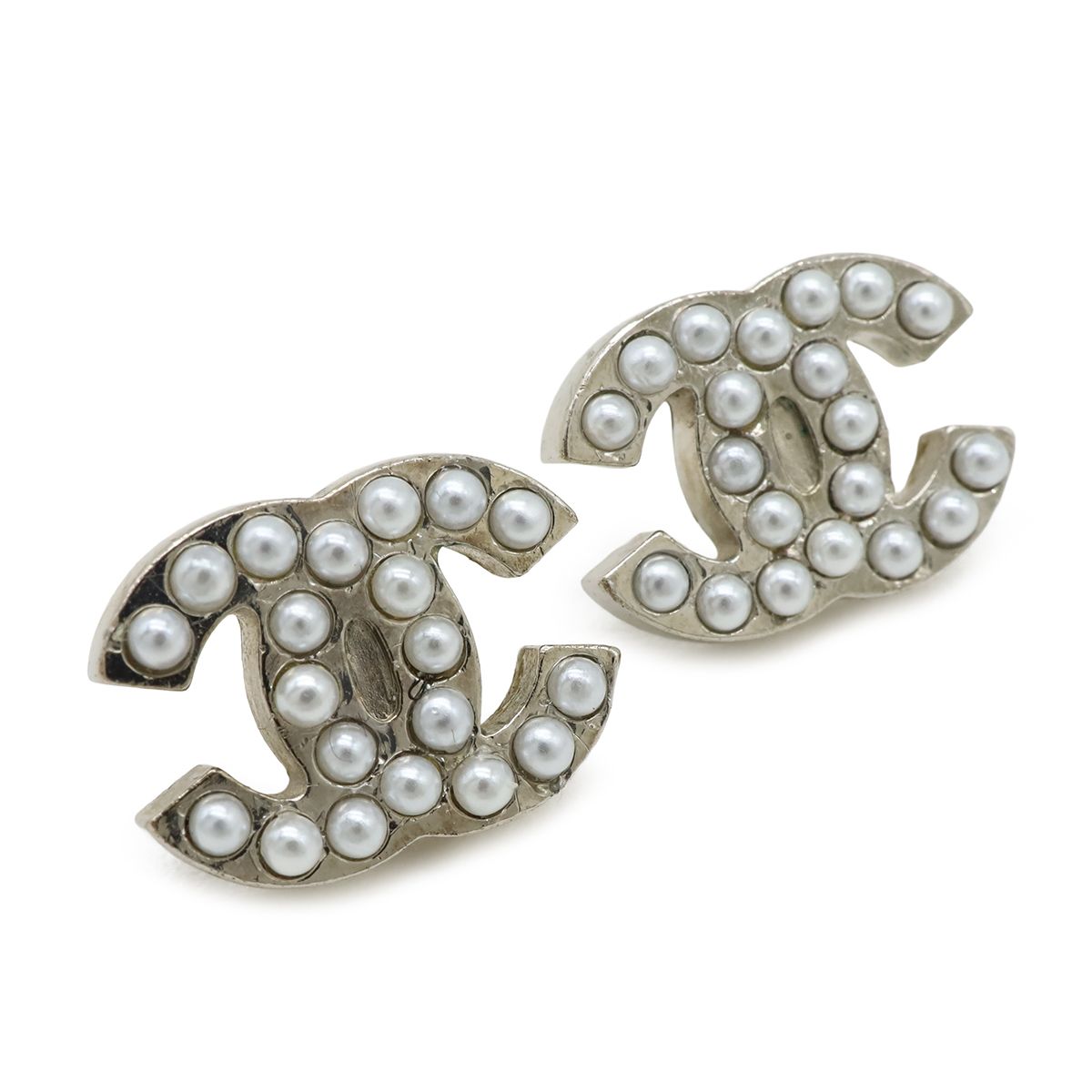 Chanel CC Logo Pearl Earrings Metal Faux White Silver — view 4