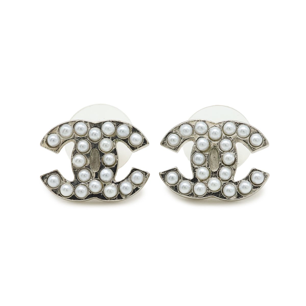 Chanel CC Logo Pearl Earrings Metal Faux White Silver