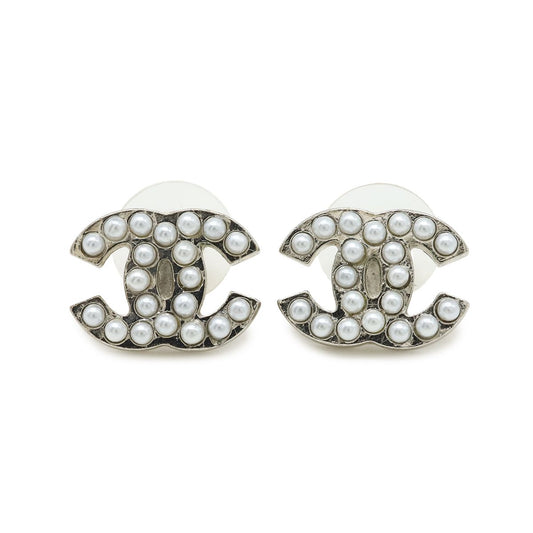 Chanel CC Logo Pearl Earrings Metal Faux White Silver