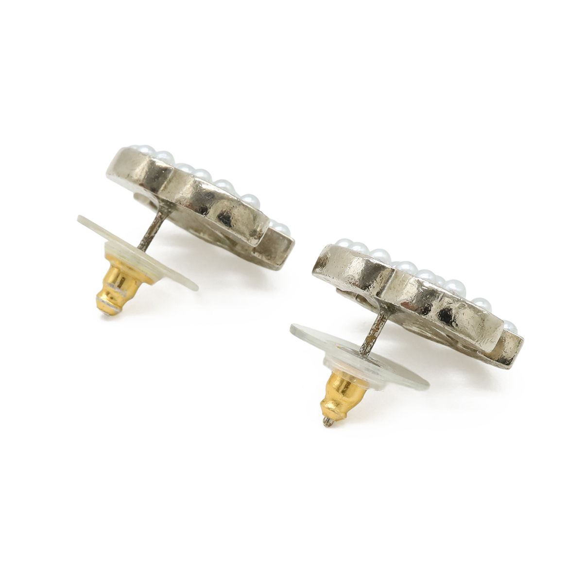 Chanel CC Logo Pearl Earrings Metal Faux White Silver — view 2