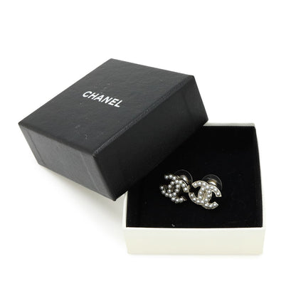 Chanel CC Logo Pearl Earrings Metal Faux White Silver — view 6