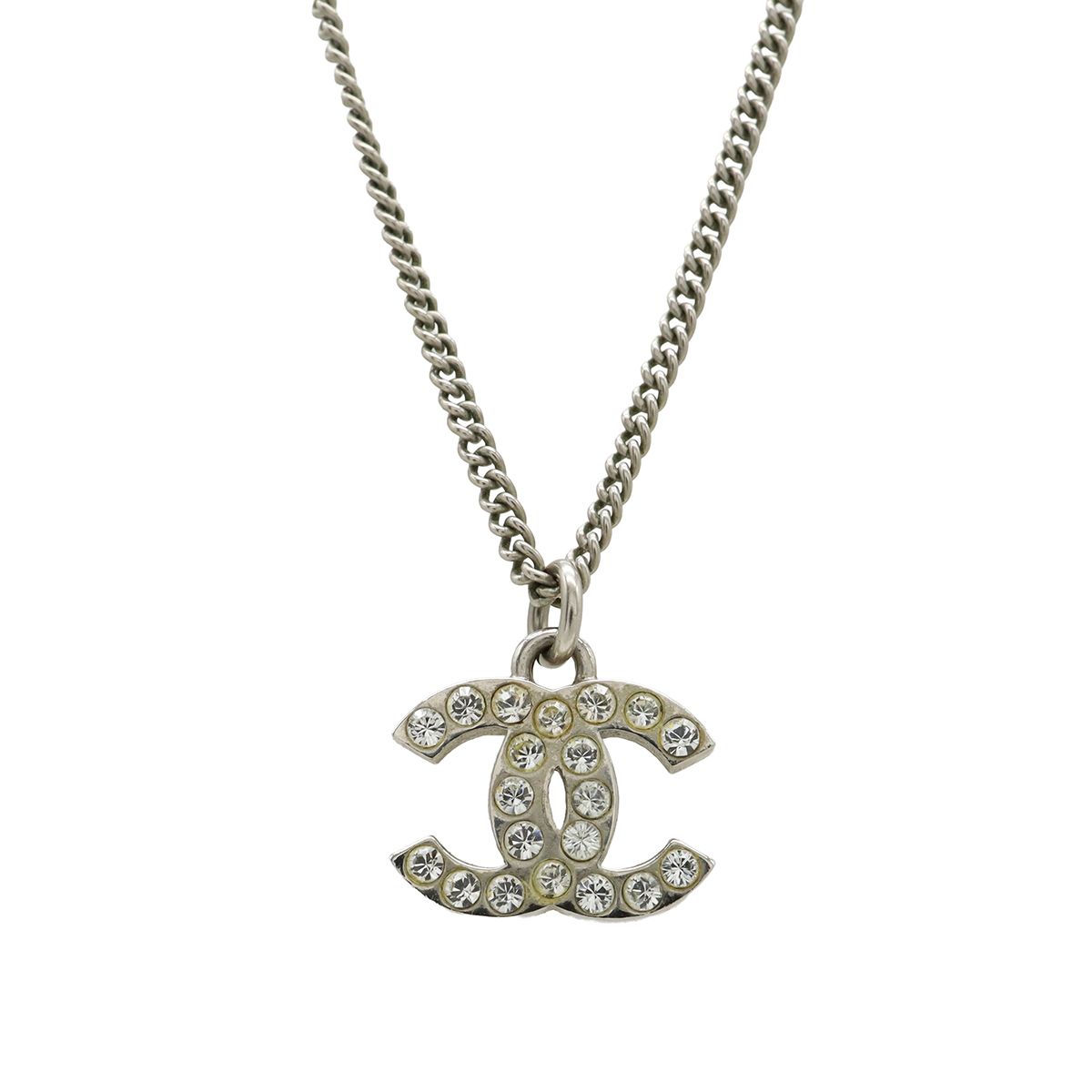 Chanel CC Logo Necklace Pendant Line Stone Metal Silver