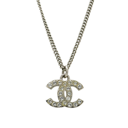 Chanel CC Logo Necklace Pendant Line Stone Metal Silver