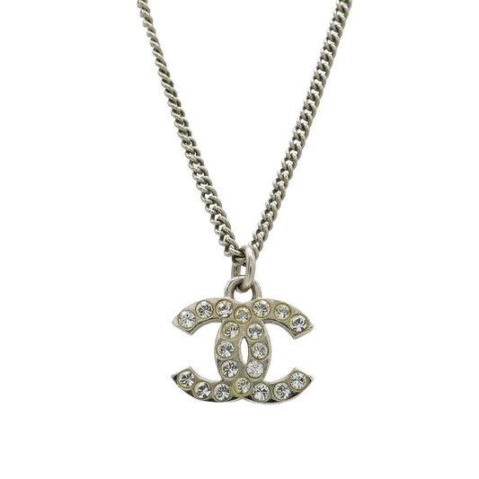 Chanel CC Logo Necklace Pendant Line Stone Metal Silver