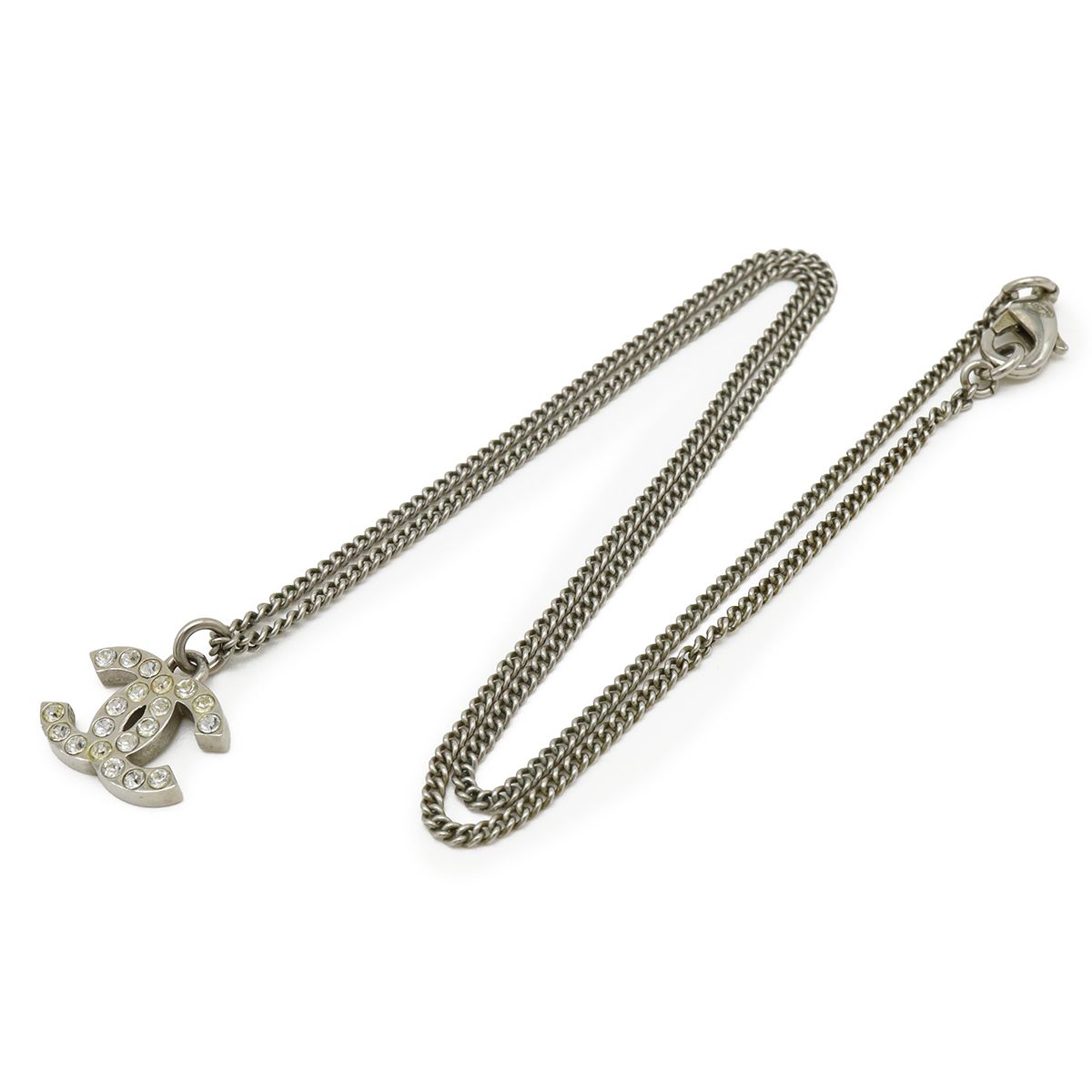 Chanel CC Logo Necklace Pendant Line Stone Metal Silver — view 2