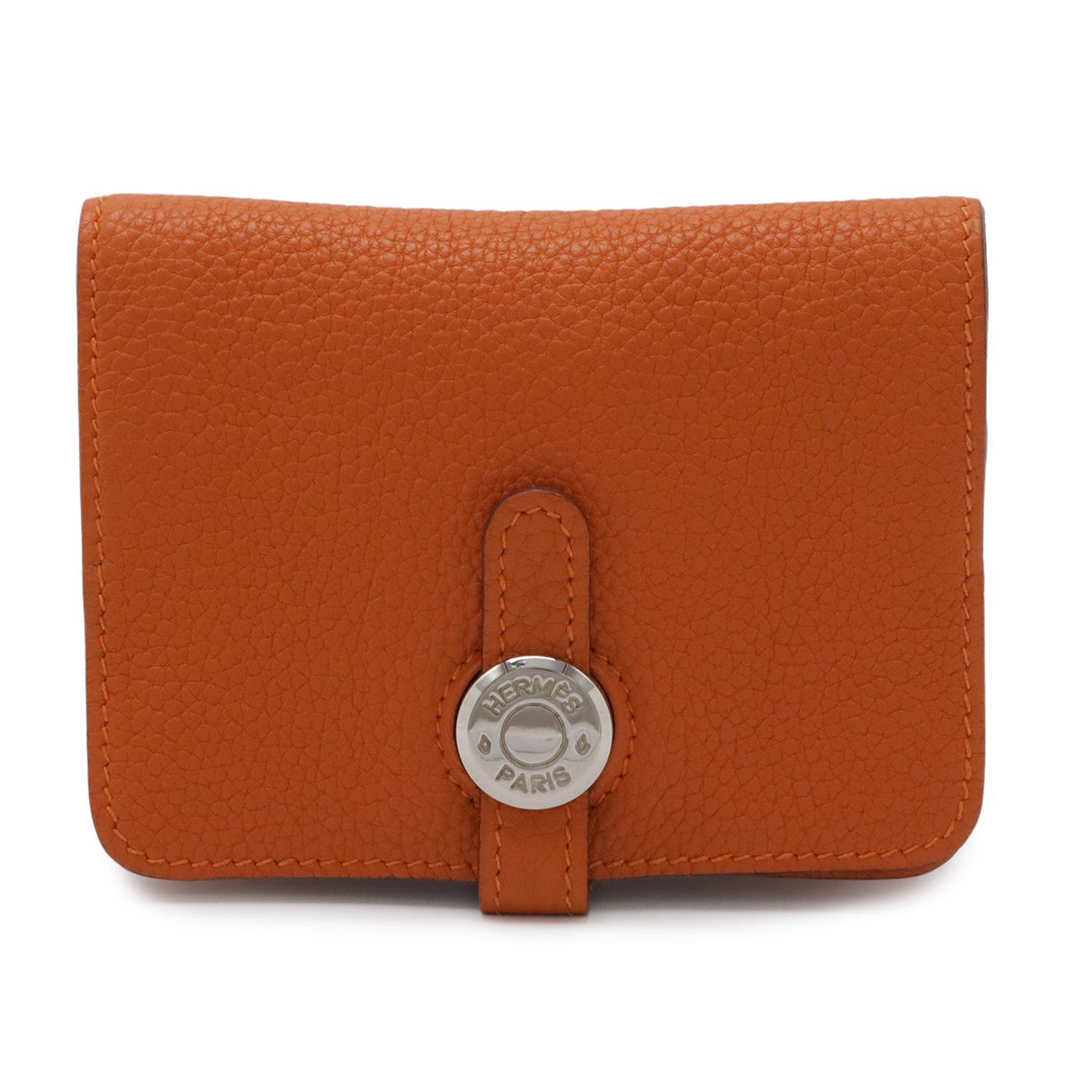 Hermes Dogon Card Coin Purse Case Togo Leather Orange Silver