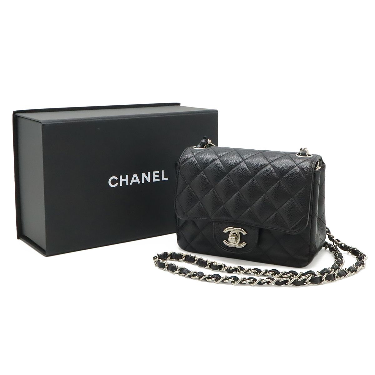 Chanel Quilted CC Logo Mini Flap Chain Shoulder Bag Pochette Caviar Leather — view 9