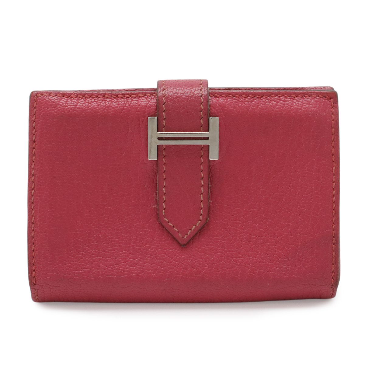 Hermes Bearn Card Case Business Chevre Leather Fuchsia Pink Silver