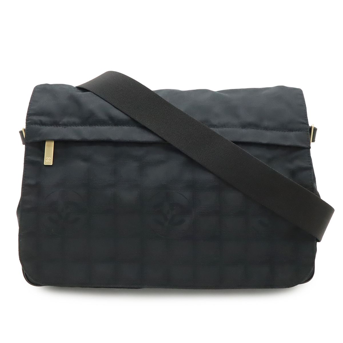 Chanel New Travel Line Messenger Bag Crossbody Nylon Jacquard Black Gold