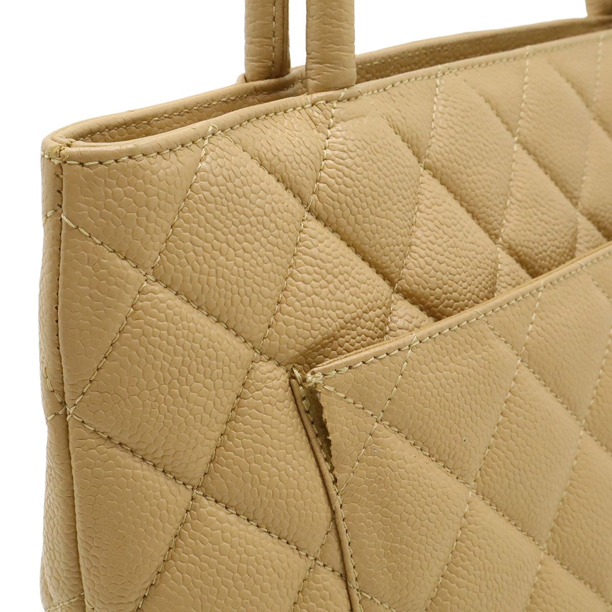 Chanel Quilted CC Logo Medallion Tote Shoulder Bag Caviar Leather Beige Gold — view 8