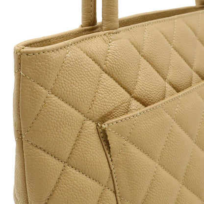 Chanel Quilted CC Logo Medallion Tote Shoulder Bag Caviar Leather Beige Gold — view 8