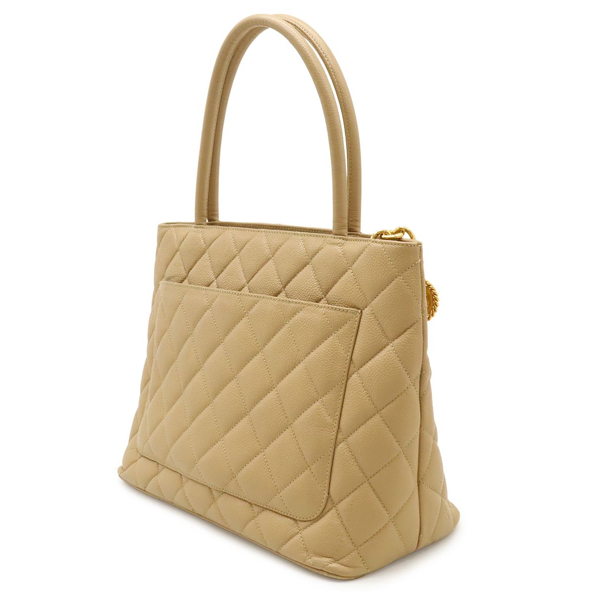 Chanel Quilted CC Logo Medallion Tote Shoulder Bag Caviar Leather Beige Gold — view 2