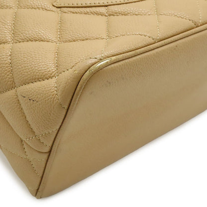 Chanel Quilted CC Logo Medallion Tote Shoulder Bag Caviar Leather Beige Gold — view 3