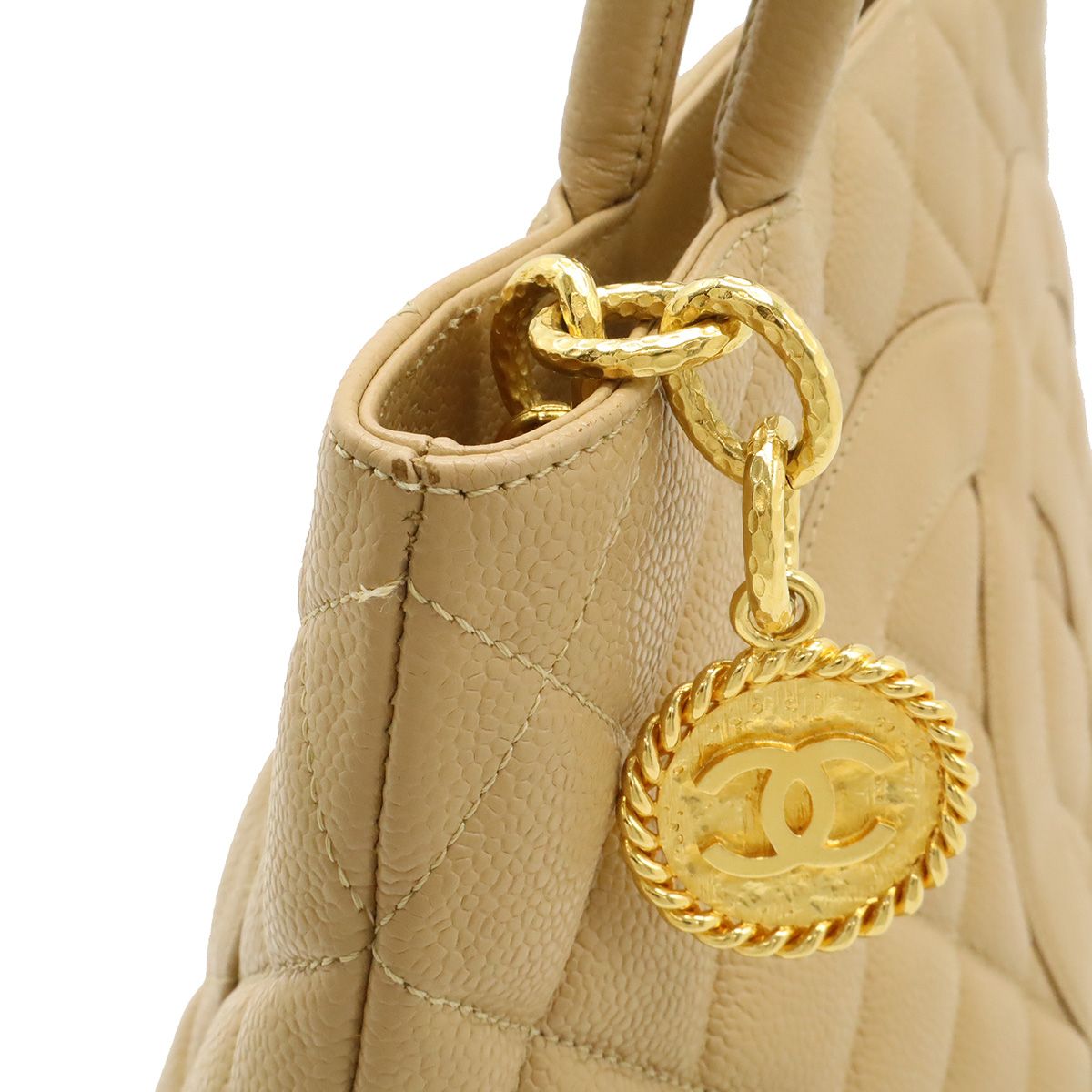 Chanel Quilted CC Logo Medallion Tote Shoulder Bag Caviar Leather Beige Gold — view 5