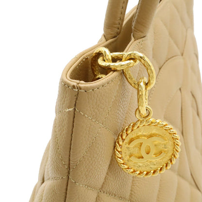 Chanel Quilted CC Logo Medallion Tote Shoulder Bag Caviar Leather Beige Gold — view 5
