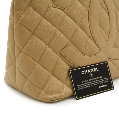 Chanel Quilted CC Logo Medallion Tote Shoulder Bag Caviar Leather Beige Gold — view 9