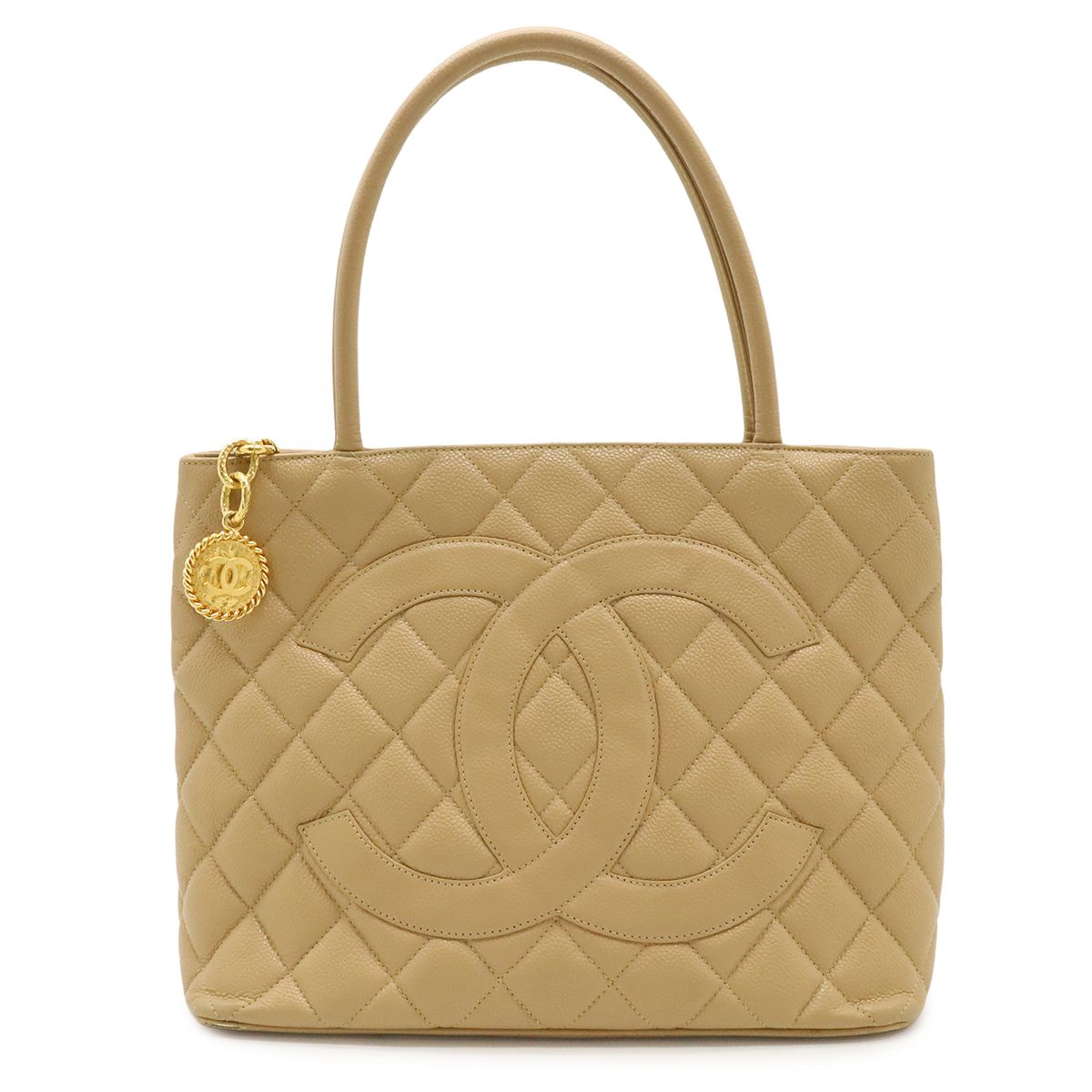 Chanel Quilted CC Logo Medallion Tote Shoulder Bag Caviar Leather Beige Gold