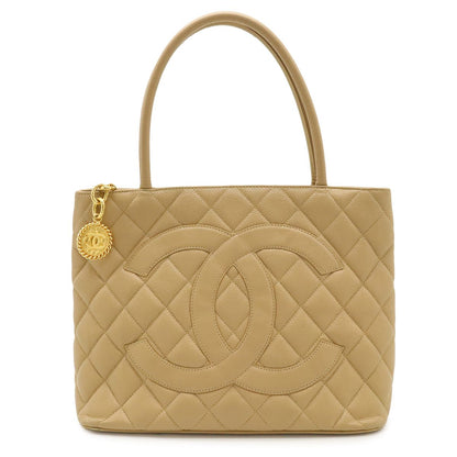 Chanel Quilted CC Logo Medallion Tote Shoulder Bag Caviar Leather Beige Gold