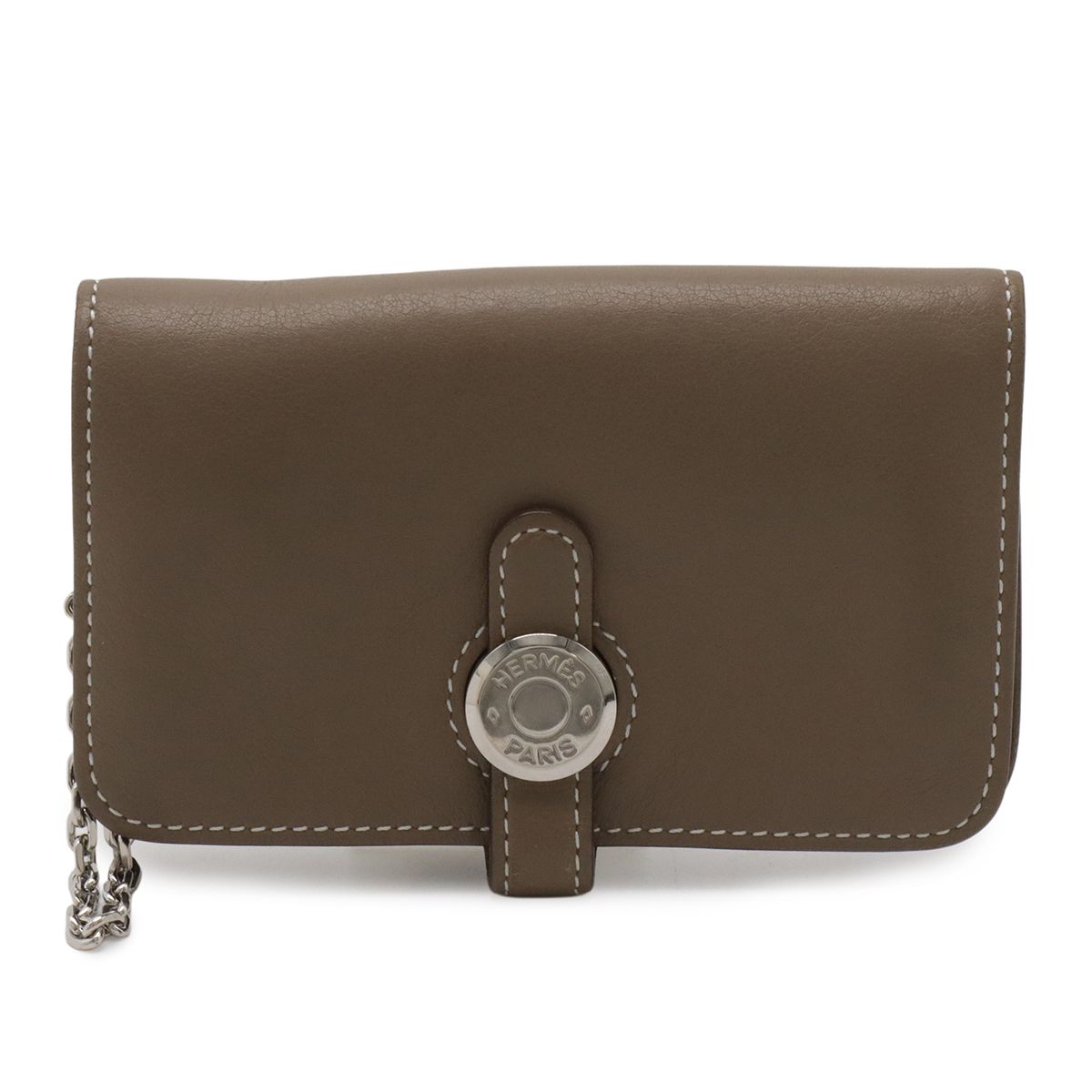 Hermes Dogon Key Case Coin Purse Card with Chain Voswift Leather Etoupe Gray